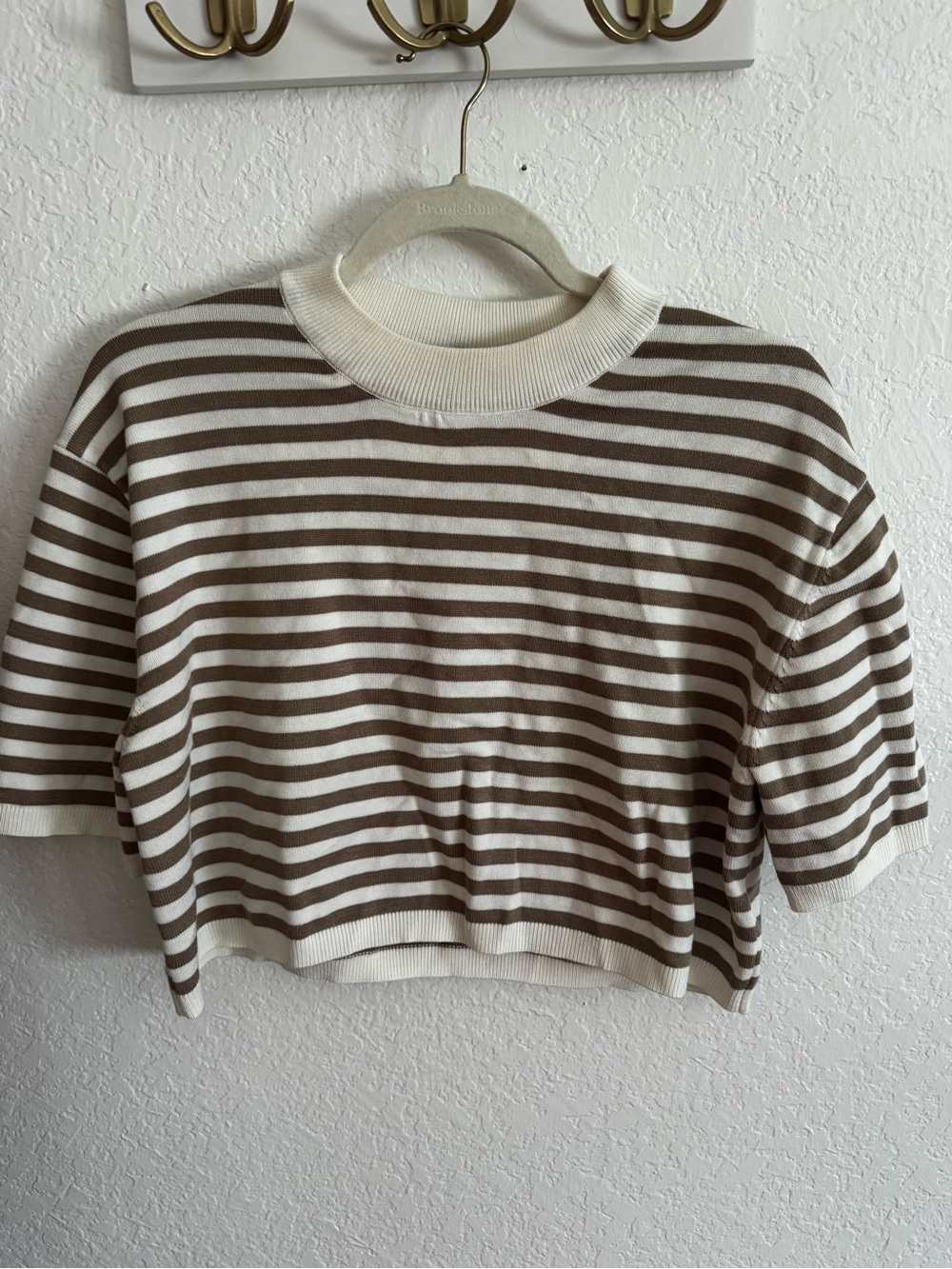 Miou Muse Brown Cream Striped Cropped Knit Sweater Top